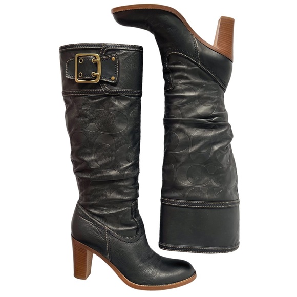 Coach Merridth Tall Logo Heeled Leather Boot in Black | 8.5 - Picture 2 of 11